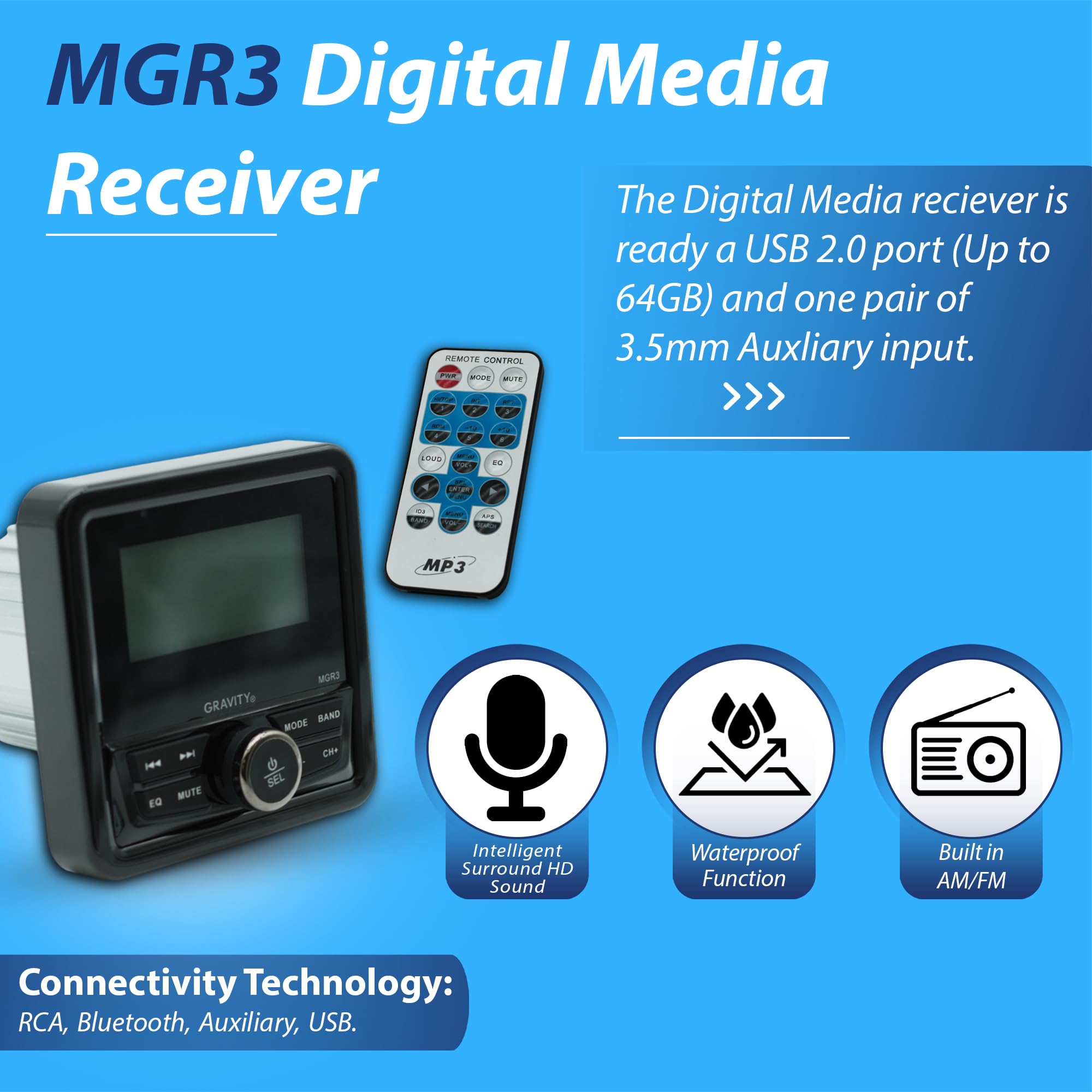 Gravity MGR3 Marine Stereo Receiver with 200W, Multi-Mode Playback (USB, SD, AUX, FM), Remote Control, Works with Bluetooth, and Weatherproof Design for Cars, Boats, ATVs, Motorcycles, and RVs. Gravity MGR3 Marine Stereo Receiver with 200W, Multi-Mode Playback (USB, SD, AUX, FM), Remote Control, Works with Bluetooth, and Weatherproof Design for Cars, Boats, ATVs, Motorcycles, and RVs.